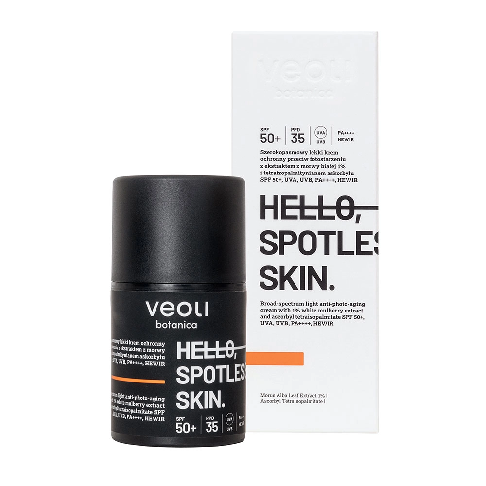 Krem lekki ochronny z ekstraktem z morwy białej 1% i tetraizopalmitynianem askorbylu SPF 50+ Hello Spotless Skin | Veoli Botanica