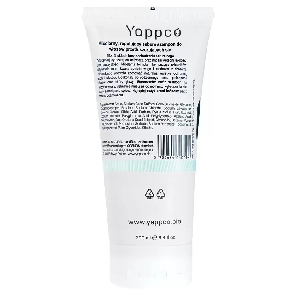 Micelarny regulujący sebum szampon do przetłuszczających się włosów | Yappco