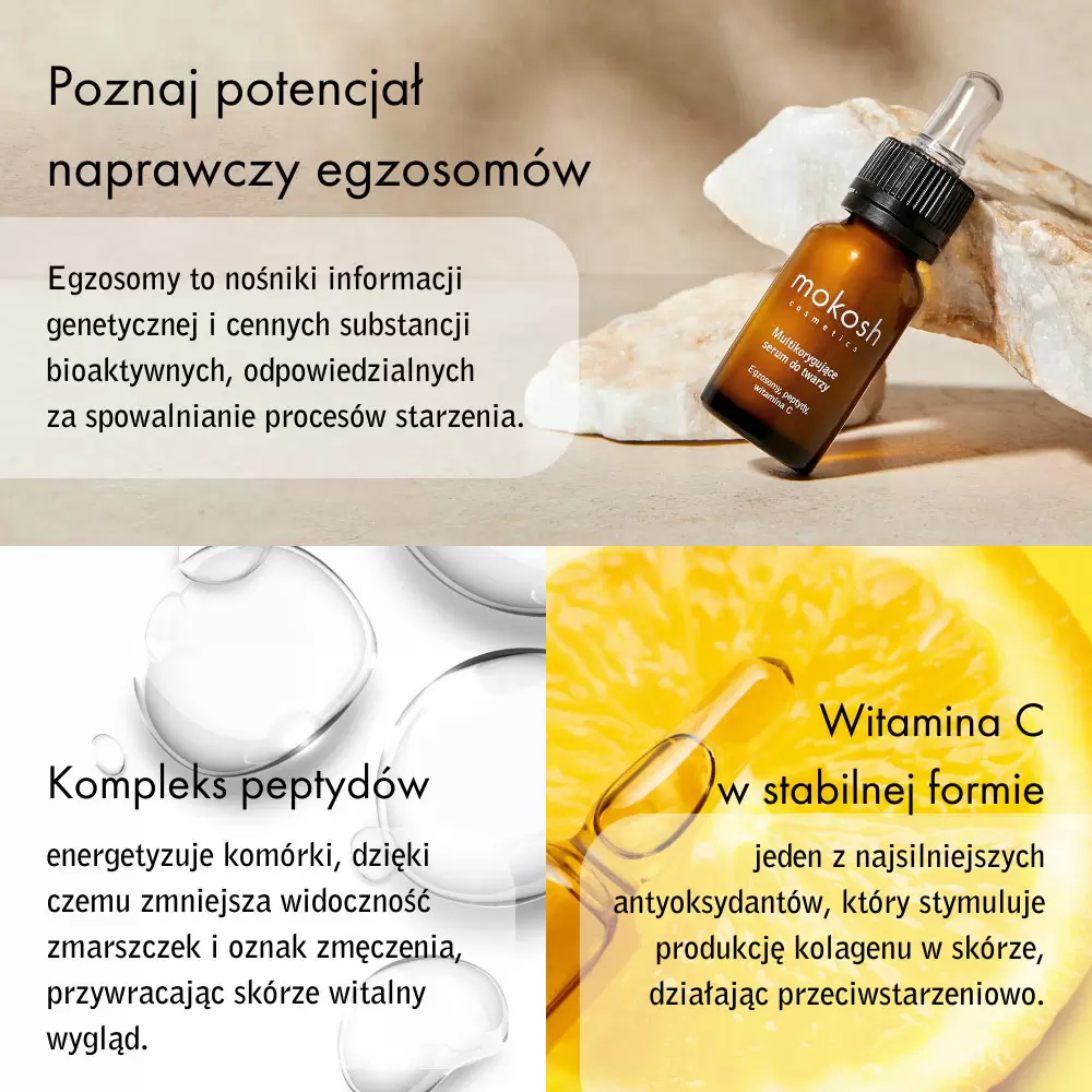 Multikorygujące serum do twarzy - egzosomy, peptydy, witamina C | Mokosh