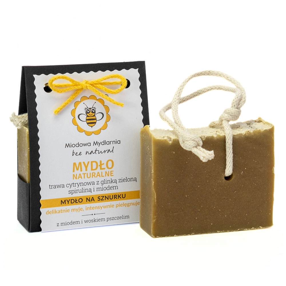 Mydło naturalne Trawa Cytrynowa z Glinką Zieloną i Spiruliną - na sznurku | Miodowa Mydlarnia