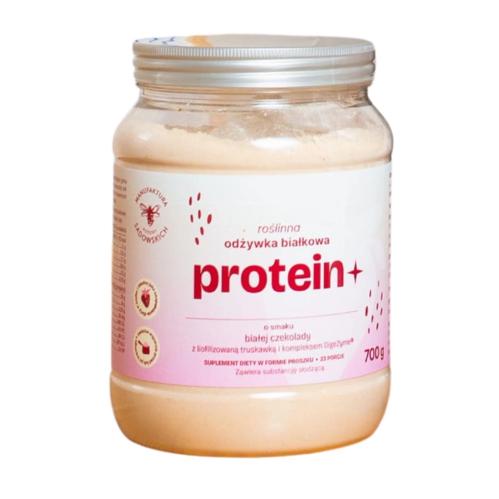 Odżywka białkowa Protein+ o smaku białej czekolady z liofilizowaną truskawką | Pasieki Rodziny Sadowskich
