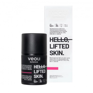 Krem lekki ochronny przeciw fotostarzeniu z neuropeptydami 0,2% i kwasem ferulowym 0,2% SPF 50+ Hello Lifted Skin | Veoli Botanica