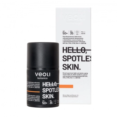 Krem lekki ochronny z ekstraktem z morwy białej 1% i tetraizopalmitynianem askorbylu SPF 50+ Hello Spotless Skin | Veoli Botanica