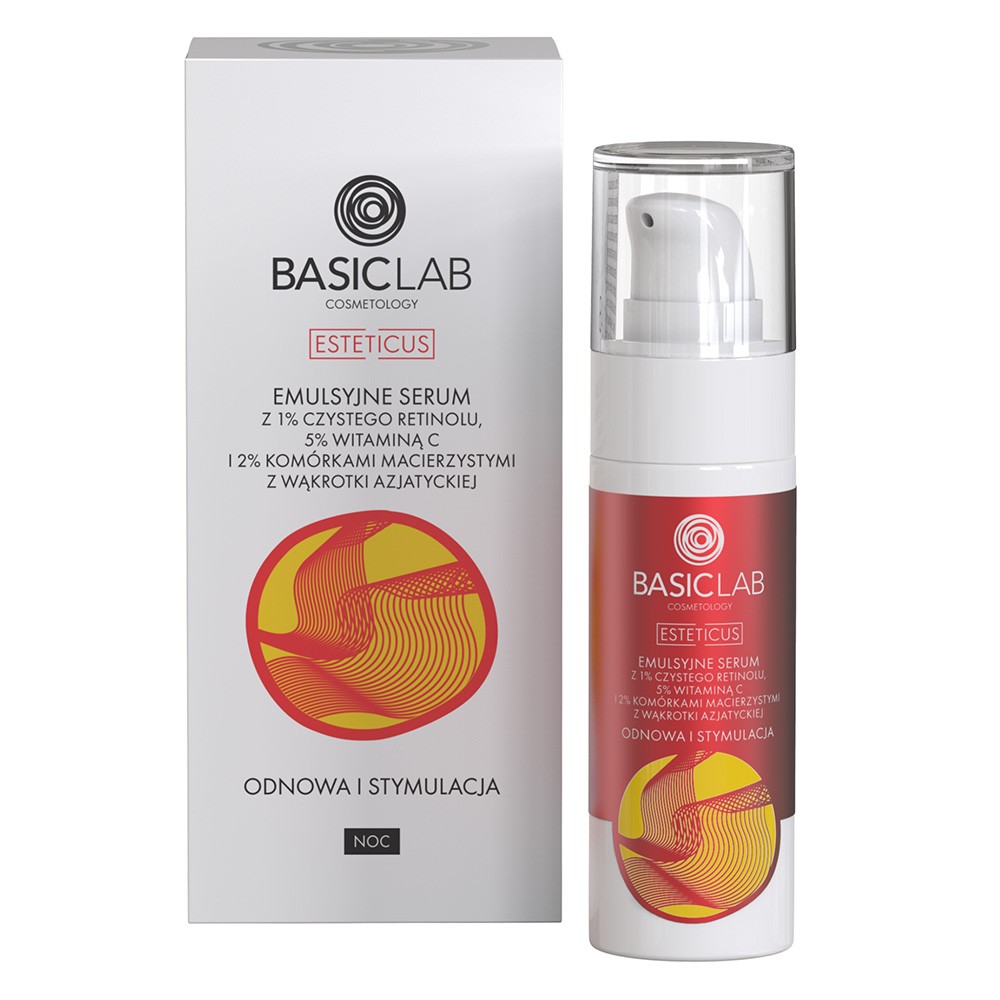 Emulsyjne serum z 1% czystego retinolu i 5% witaminą C i 2% komórkami macierzystymi z wąkroty azjatyckiej | BasicLab