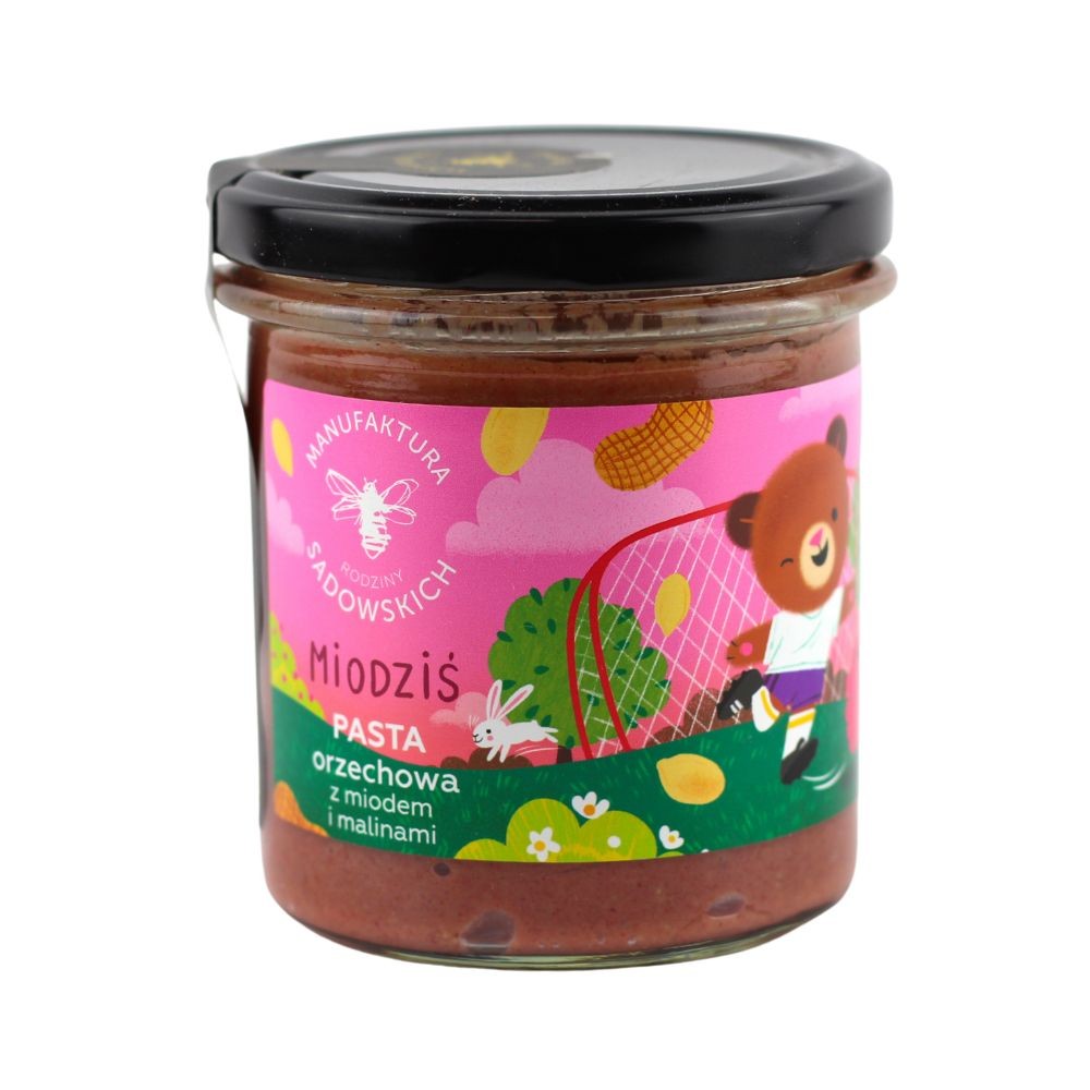 Pasta orzechowa z miodem i malinami MIODZIŚ | Pasieki Rodziny Sadowskich